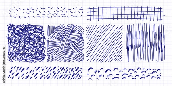 Fototapeta Scribble pen marks and doodle lines set. Hand-drawn sketchy strokes, messy squiggles, arrows, underlines, and ink scribbles. Abstract texture elements for design journal decor, scrapbooking