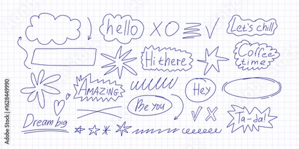 Fototapeta Scribble pen marks and doodle lines set. Hand-drawn sketchy strokes, messy squiggles, arrows, underlines, and ink scribbles. Abstract texture elements for design journal decor, scrapbooking