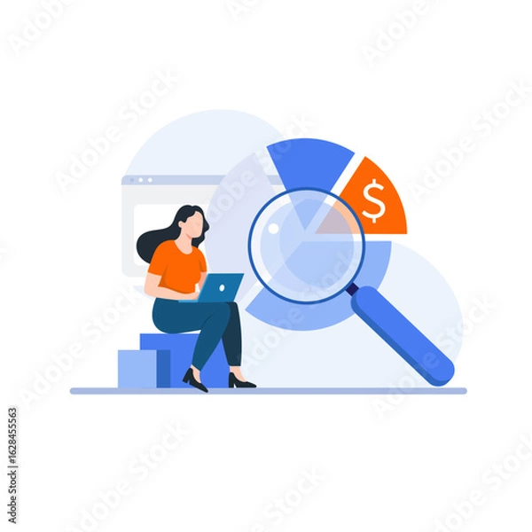 Fototapeta Woman sitting with laptop analyzes financial data represented by pie chart and magnifying glass, symbolizing business analysis and financial review