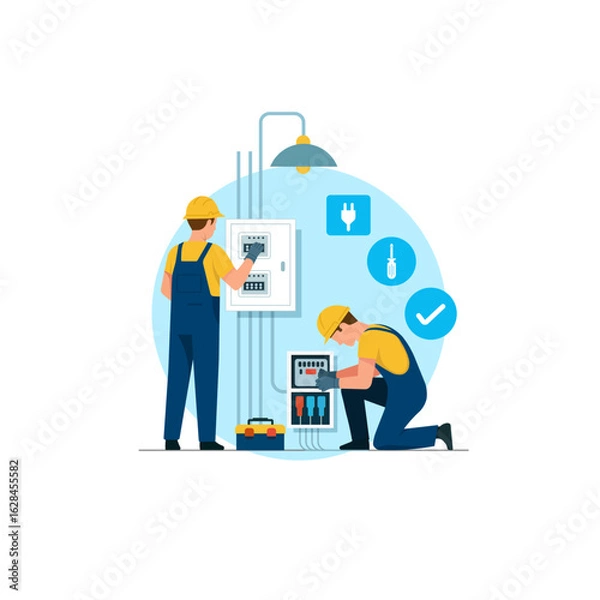 Fototapeta Two electricians wearing safety helmets and overalls are working on electrical panels, ensuring proper maintenance and safety. Tools and icons are visible, emphasizing their technical expertise