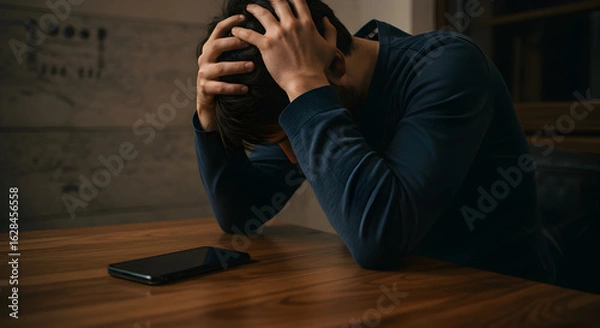 Obraz Man Feeling Despair, Loneliness, and Stress at Home