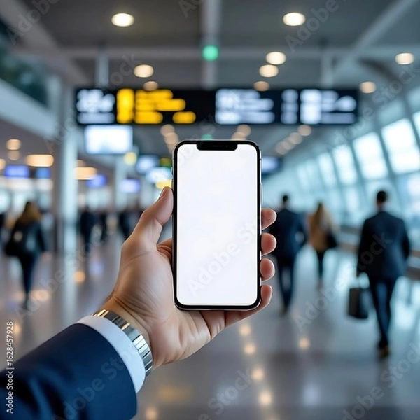 Fototapeta Businessman hand holding a mobile phone with blank screen mockup against bustling airport terminal in the background