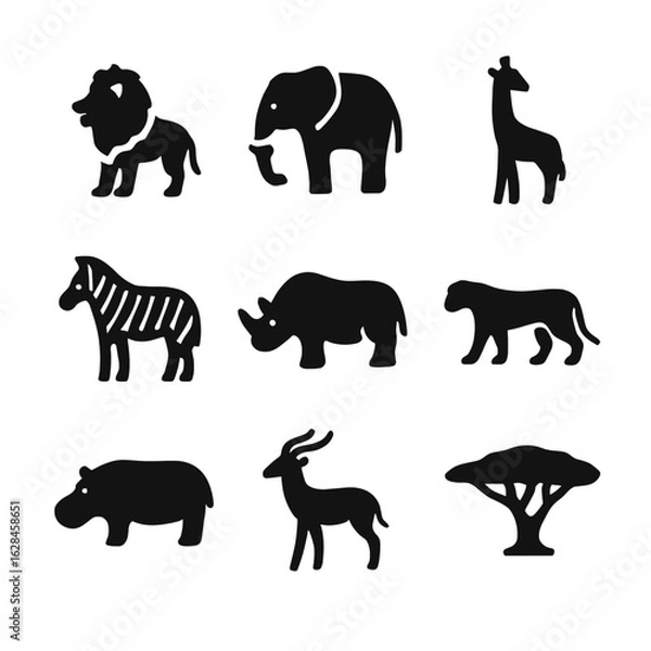 Obraz African safari wildlife icon collection. A set of black silhouettes representing wild animals like a lion, elephant, giraffe, and zebra.