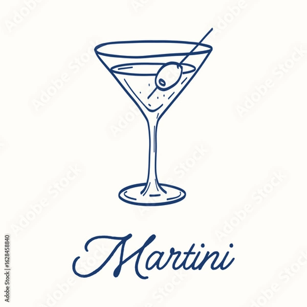 Obraz A blue and white drawing of a martini glass with an olive on top. The word martini is written below the image