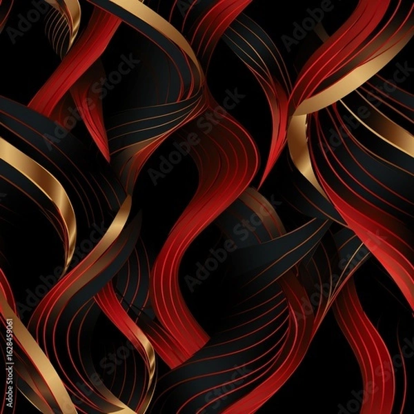 Fototapeta Abstract Flowing Red Black and Gold Ribbons on Dark Background