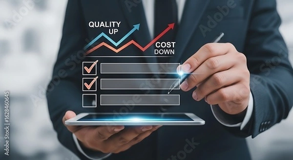 Fototapeta Businessman analyzing quality up and cost down graph on tablet with checklist reduction improvement