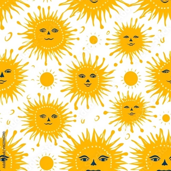 Fototapeta Smiling Yellow Sun Face Pattern on White Background
