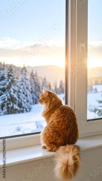 Obraz Ginger cat by window, snowy landscape