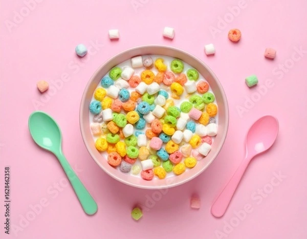 Fototapeta Colorful Cereal Rings and Marshmallows in Milk with Spoons on Pink Background