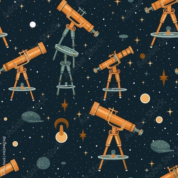 Fototapeta Repeating Pattern with Orange Telescopes and Stars on Dark Blue