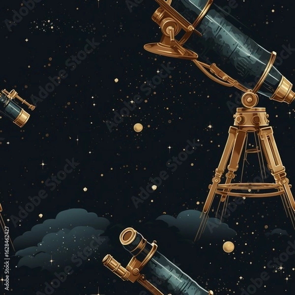Fototapeta Vintage Style Telescope Pattern with Golden Stars and Night Sky Design