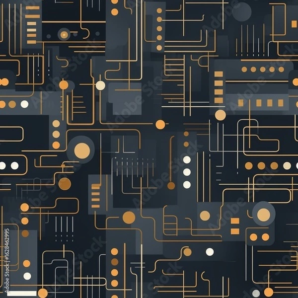 Fototapeta Abstract Technology Circuit Pattern, Dark Blue and Gold Seamless Background