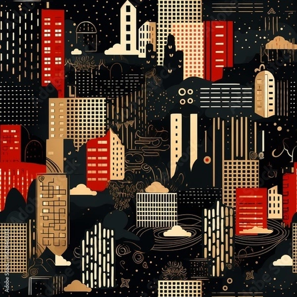 Fototapeta Abstract Cityscape with Red and Gold Buildings on Black