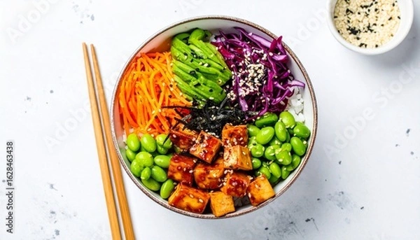 Fototapeta Colorful Vegan Poke Bowl with Tofu, Avocado, and Edamame on White Background