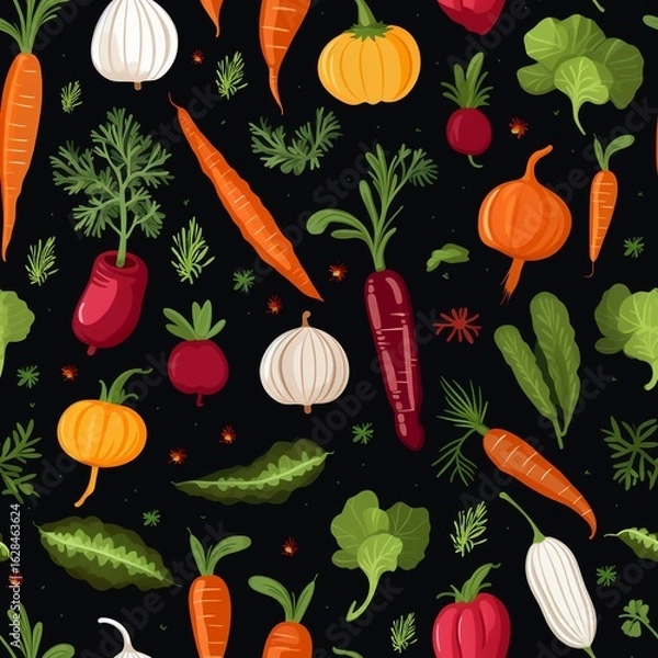 Fototapeta Colorful Vegetable Pattern of Carrots Radishes and Greens on Black Background