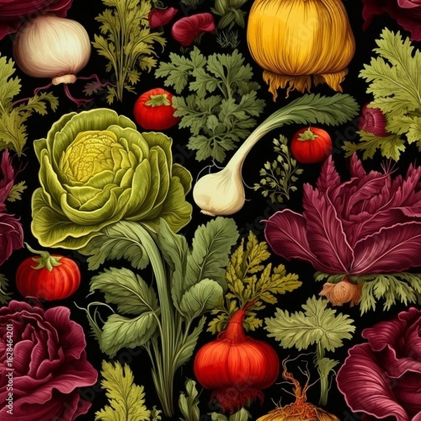 Fototapeta Colorful Vegetable Pattern with Red Cabbage and Green Herbs on Black