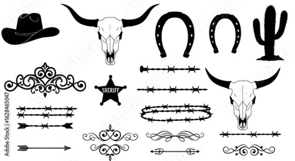 Fototapeta High-resolution vector PNG graphics of western design elements, including horseshoes, cowboy hats, longhorns, and barbed wire, ideal for branding and design projects.
