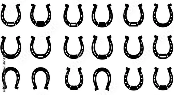 Obraz A vector illustration features a collection of horseshoe icons in various simplified designs, each a symbol of luck and equestrian tradition, isolated on white.