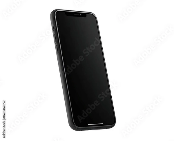 Fototapeta Sleek black smartphone with a dark screen, slightly angled, showcasing a minimalist design and smooth edges