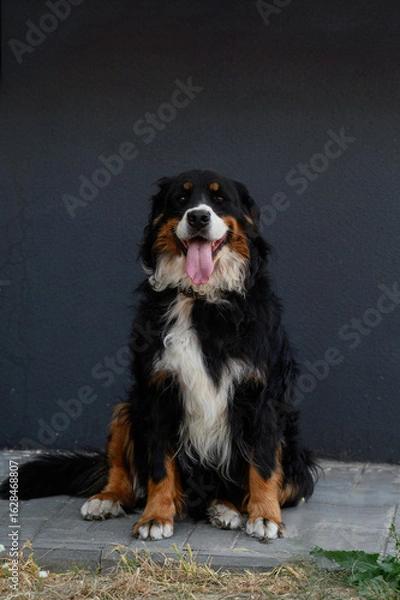 Fototapeta Cute Bernese Mountain Dog with open mouth and tongue hanging out sits outside looking at camera. Pet products concept