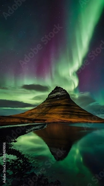 Fototapeta Mystical Kirkjufell Mountain under Aurora Borealis Glow A Night Spectacle Reflected in Icelandic Waters