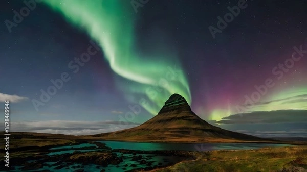 Fototapeta A breathtaking display of the northern lights, with vibrant green swirls of light dancing above an iconic Icelandic mountain peak at night