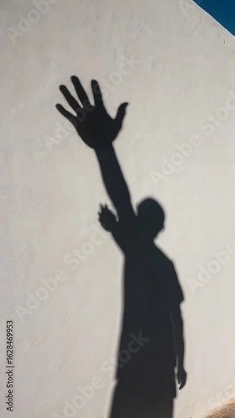 Fototapeta Shadow of a person reaching up with their hand silhouetted against a white wall, symbolizing connection, greeting, or aspiration in a minimalist aesthetic