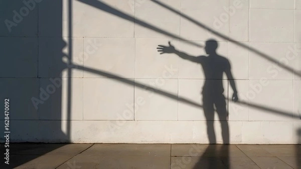 Fototapeta A shadow of a person extends their arm and hand towards the viewer, casting a silhouette against a textured, sunlit wall, creating a sense of connection and interaction