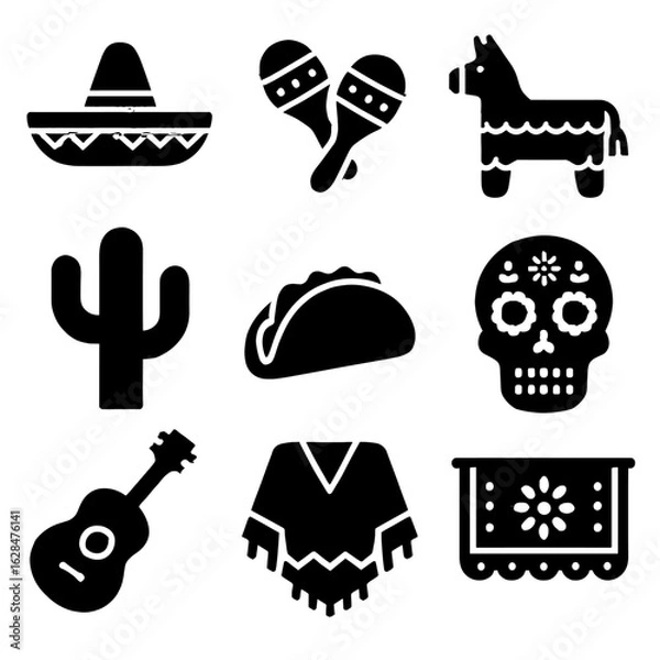 Fototapeta A collection of black glyph icons representing traditional Mexican culture and symbols, including sombrero, taco, and sugar skull.