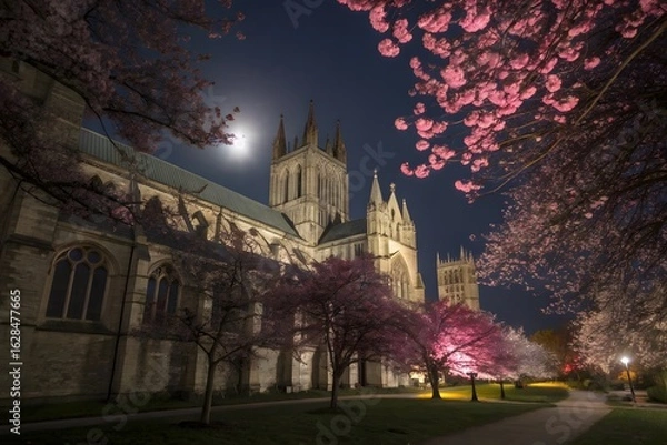 Fototapeta Cathedral illuminated at night with cherry blossoms and a full moon in the dark blue sky above it