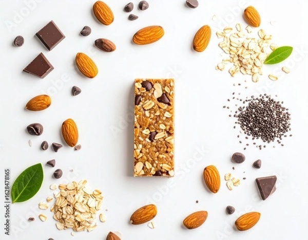 Fototapeta Healthy Granola Bar with Almonds, Chocolate, Oats, and Chia Seeds on White Background