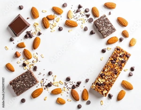 Obraz Healthy Granola Bars, Almonds, and Chocolate Chips on White Background