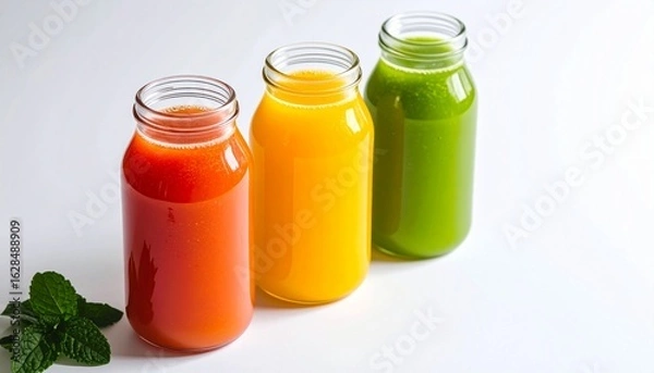 Fototapeta Three Vibrant Healthy Juices in Glass Bottles on White Background with Mint