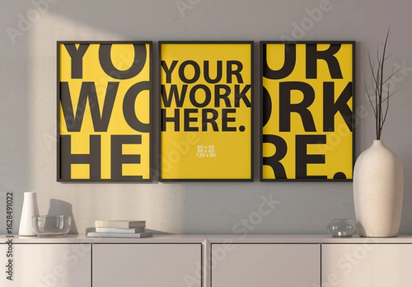 Obraz Three poster Art Frames Mockup hanging on wall