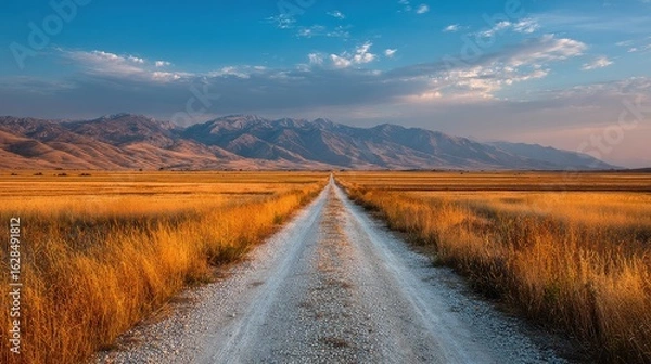 Fototapeta Gravel Pathway Winding Through a Golden Field with a Scenic View of Distant Majestic Mountains in the Background