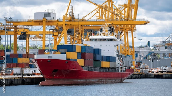 Obraz Rust-red cargo ship alongside a bustling harbor quay, close-up of crane hooks and cables moving containers smoothly while dock workers prepare for next load