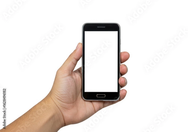 Fototapeta Hand holding a smartphone isolated on transparent background