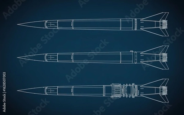 Fototapeta Blueprint of Missiles: A technical blueprint showcases three meticulously rendered missiles, detailing their structure and design with precision against a navy background.