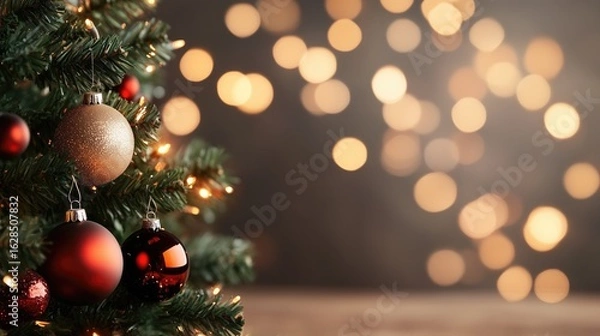 Obraz Festive christmas tree with sparkling red and gold ornaments and warm holiday lights