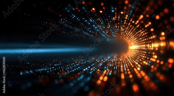 Fototapeta Digital tunnel effect with orange and blue glowing particles