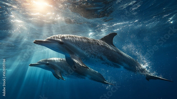 Obraz Two Dolphin Swimming Underwater in Ocean with Sun Rays