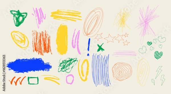 Fototapeta Abstract vector colorful various grungy hand drawn marks. Perfect for textile prints, cover design and edgy modern projects.