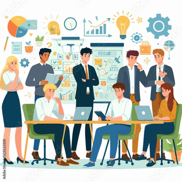 Obraz Large group of individuals gathered around a table, engaged in a collaborative business meeting, surrounded by various visual aids for brainstorming and strategy.