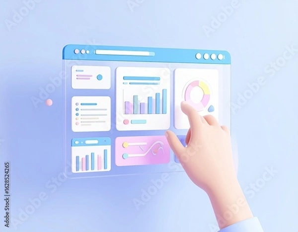 Obraz 3D cartoon hand interacts with a transparent digital screen showing various data analysis charts
