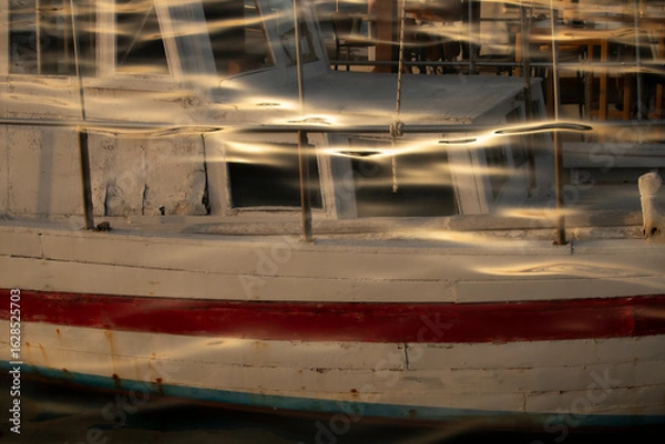 Fototapeta Aesthetic seaport background. Harbour with boats. Double exposure of the ocean and fishing boat. Abstract design