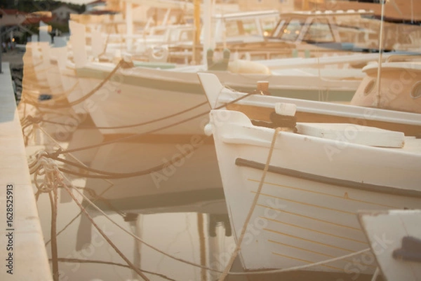 Fototapeta Aesthetic seaport background. Harbour with fishing boats. Double exposure of the ocean and sunset. Abstract design