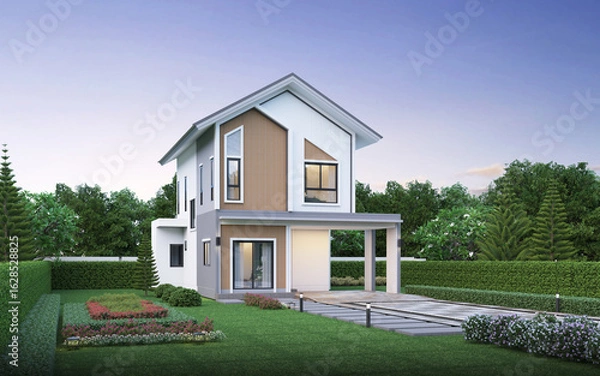 Fototapeta Modern house exterior evening view with lawn grass.3d rendering