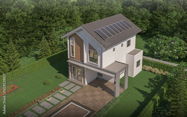 Fototapeta 3d renders of sustainable houses.Home with solar panel.Side view of a large solar panel on a rooftop