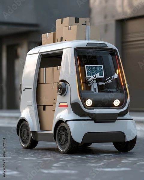 Fototapeta An autonomous delivery truck driven by a robot is driving down a city street carrying packages