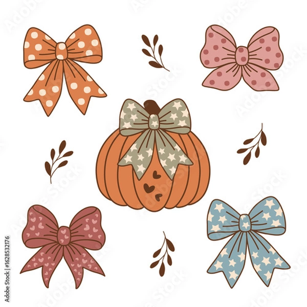 Fototapeta set of isolated cozy pumpkins and bows